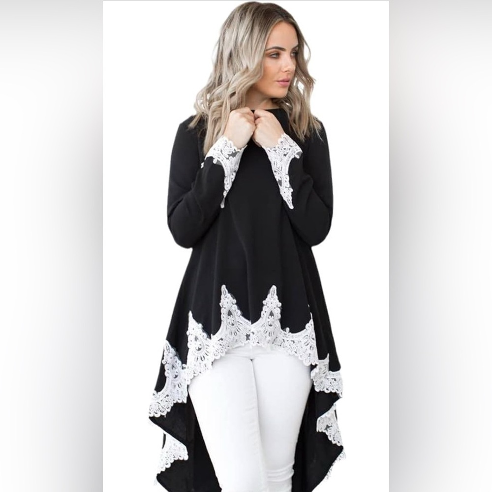 Elegant Black and White Lace Trim Women's Top